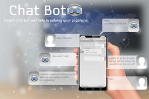 Online chatbot concept background. Human hand-holding Smartphone