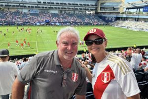 Jorge and Kari cheering the Peru national soccer team. Jorge captained both the Stanford Varsity soccer team and the USA national indoor soccer team.